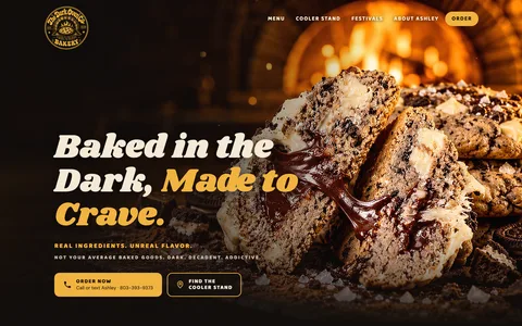 The Dark Oven Co. website homepage, a home bakery with stuffed cookies in front of a glowing brick oven