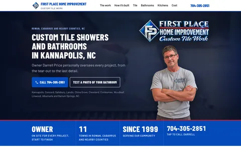 First Place Home Improvement website homepage, tile showers and bathroom remodeling