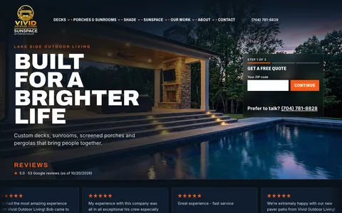 Vivid Outdoor Living website homepage, a covered porch and pool at dusk